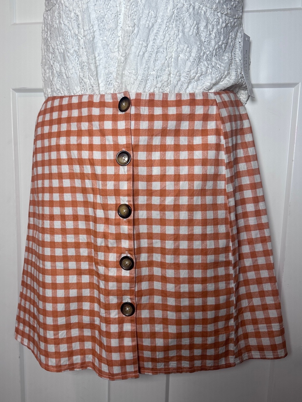 Influence Button-Front Gingham Mini Skirt in Rust/Orange and White Size 14